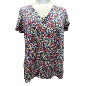 J.Jill Pima Short Sleeve V-Neck Tee Shirt Women's Petite Sz PM Floral Top Summer